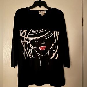 Victoria  Vintage Hand Painted Woman’s Face  3/4 Sleeve Black Top